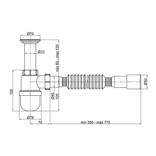 Сифон для раковины выпуск 1 1/4" (70 мм) с гофрой 40х40/50 мм (350-770 мм) Lidz LU01 фото