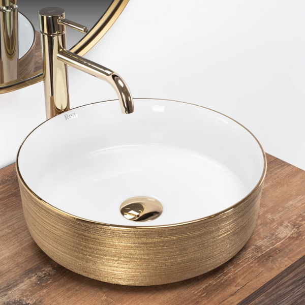 Умывальник (раковина) REA SAMI WHITE BRUSHED GOLD накладной фото