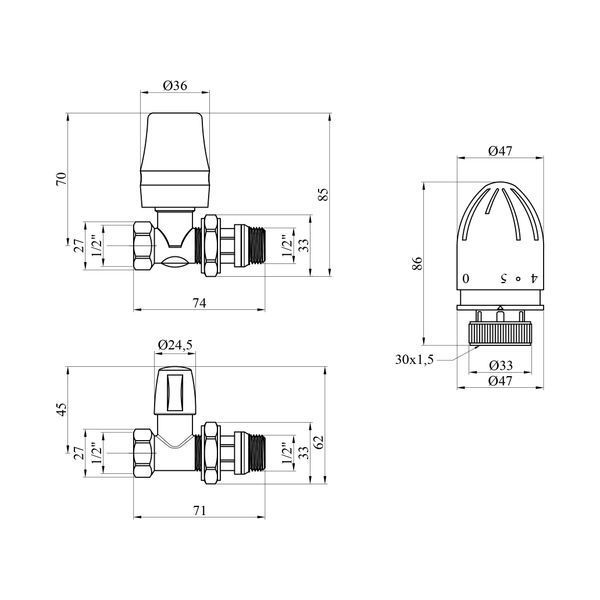 Комплект радіаторних прямих кранів Karro 1/2" ВЗ (верхній+нижній) з термоголовкою, нікельовані KR-5302 фото