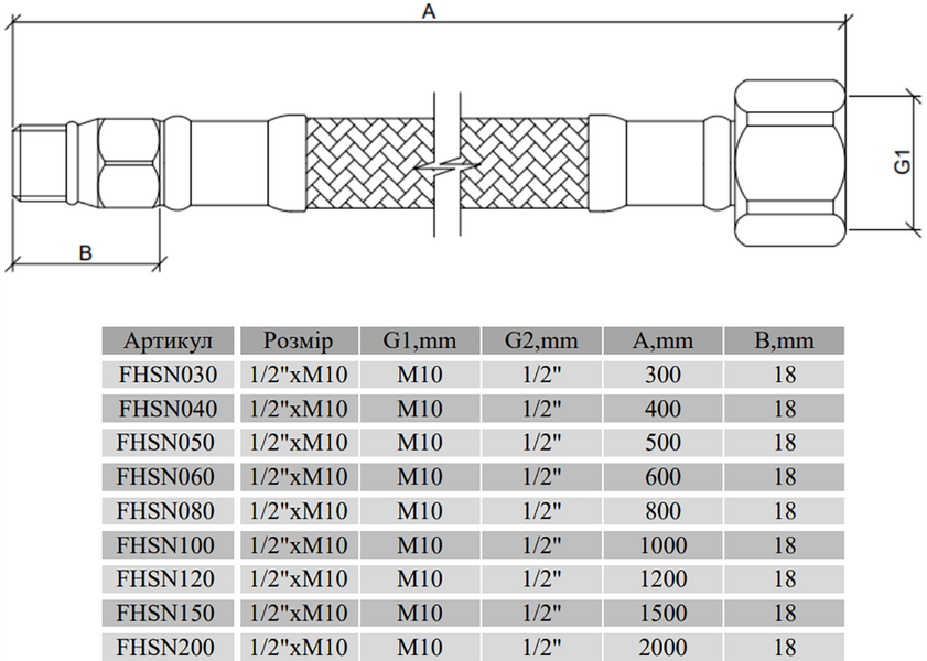 Шланг для змішувача 80 см 1/2"хМ10, коротка голка 18 мм Raftec FHSN080 фото