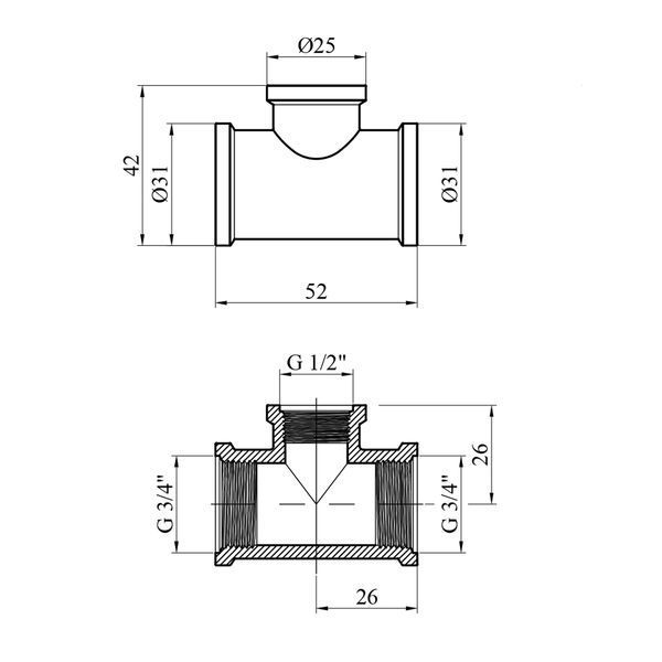 Трійник перехідний посилений LexLine 3/4"х1/2"х3/4" ВВВ латунний УК0212-В фото