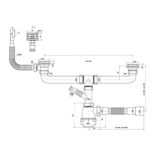 Сифон двойной для кухонной мойки KronoPlast 1 1/2''х40 мм с резьбовыми выпусками, отводом для стиральной машины, с прямоугольным переливом SM44620343 фото