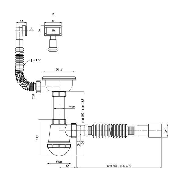 Сифон для кухонної мийки Agua KS02 3 1/2"х40/50 мм з різьбовим випуском, з квадратним переливом фото
