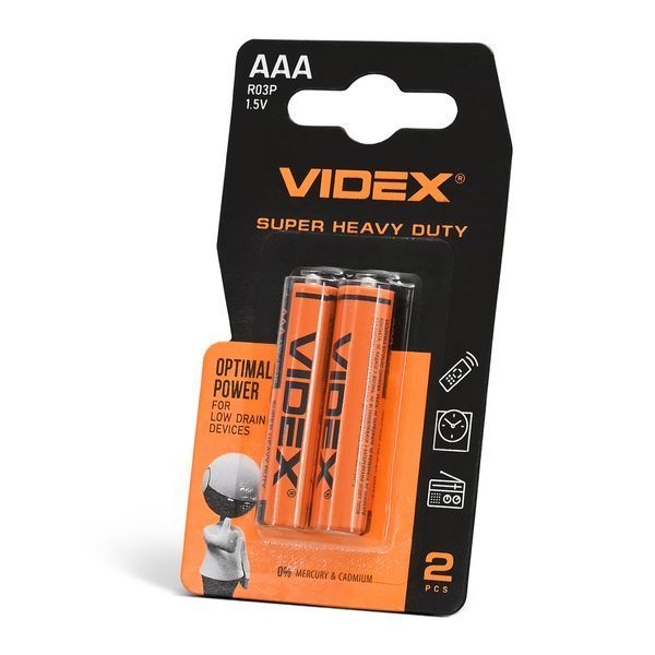 Батарейки сольові Videx ААA R03P мізинчикові блістер (2шт) фото