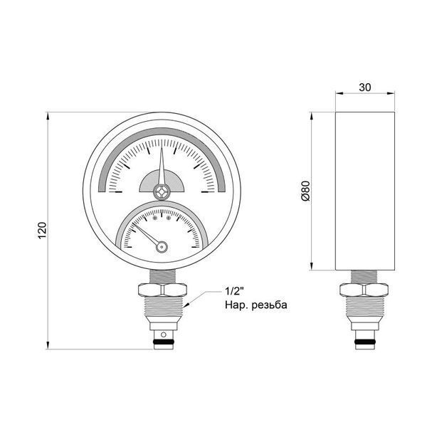 Термоманометр радиальный 1/2" 10 бар, 120&ordm;С &empty;80 мм (нижнее подключение) Thermo Alliance Standart SD17210B фото