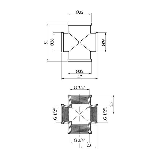 Крестовина усиленная переходная LexLine 3/4''х1/2''х3/4"х1/2" ВВВВ латунная УК4606-В фото