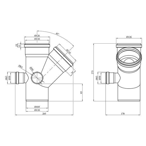 Крестовина двухплоскостная для внутренней канализации Rozma 110х110/45&deg;+2x50/90&deg; фото