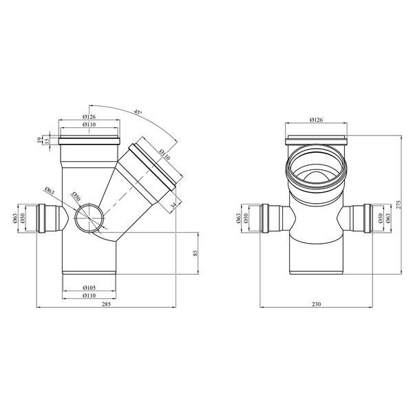 Крестовина двухплоскостная для внутренней канализации Rozma 110х110/45&deg;+50/90&deg; фото