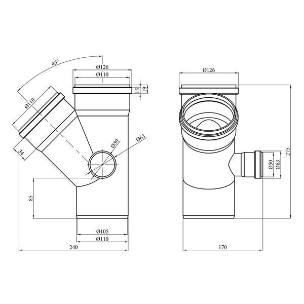 Крестовина двухплоскостная для внутренней канализации Rozma 110х110/45&deg;+50/90&deg; фото