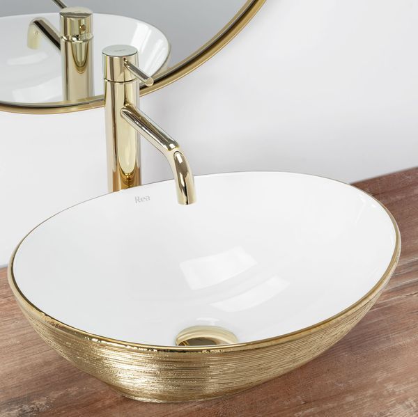 Умивальник (раковина) REA SOFIA BRUSHED GOLD WHITE накладний фото
