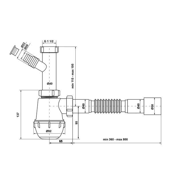 Сифон для кухонной мойки KronoPlast 1 1/2''х40 мм без выпуска с отводом для стиральной машины SM10020043 фото