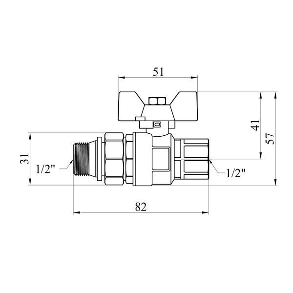 Кран-американка шаровой прямой Kroner 1/2" ВН PN40 бабочка, никелированный фото